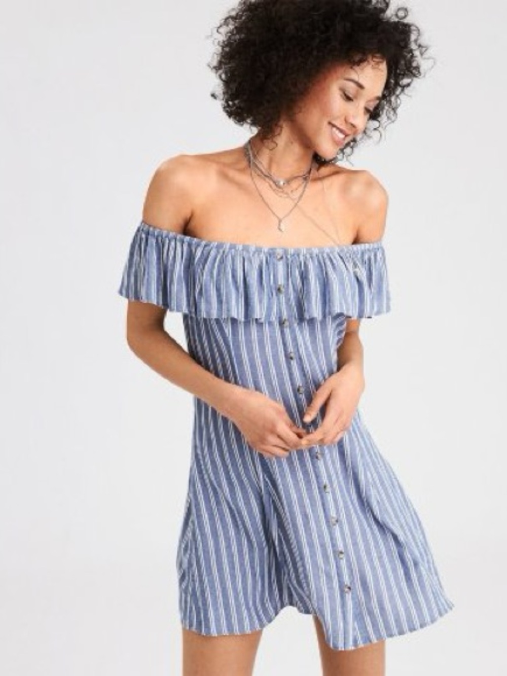 NWT Vintage American Eagle Outfitters Blue & White Striped Off-Shoulder Dress M